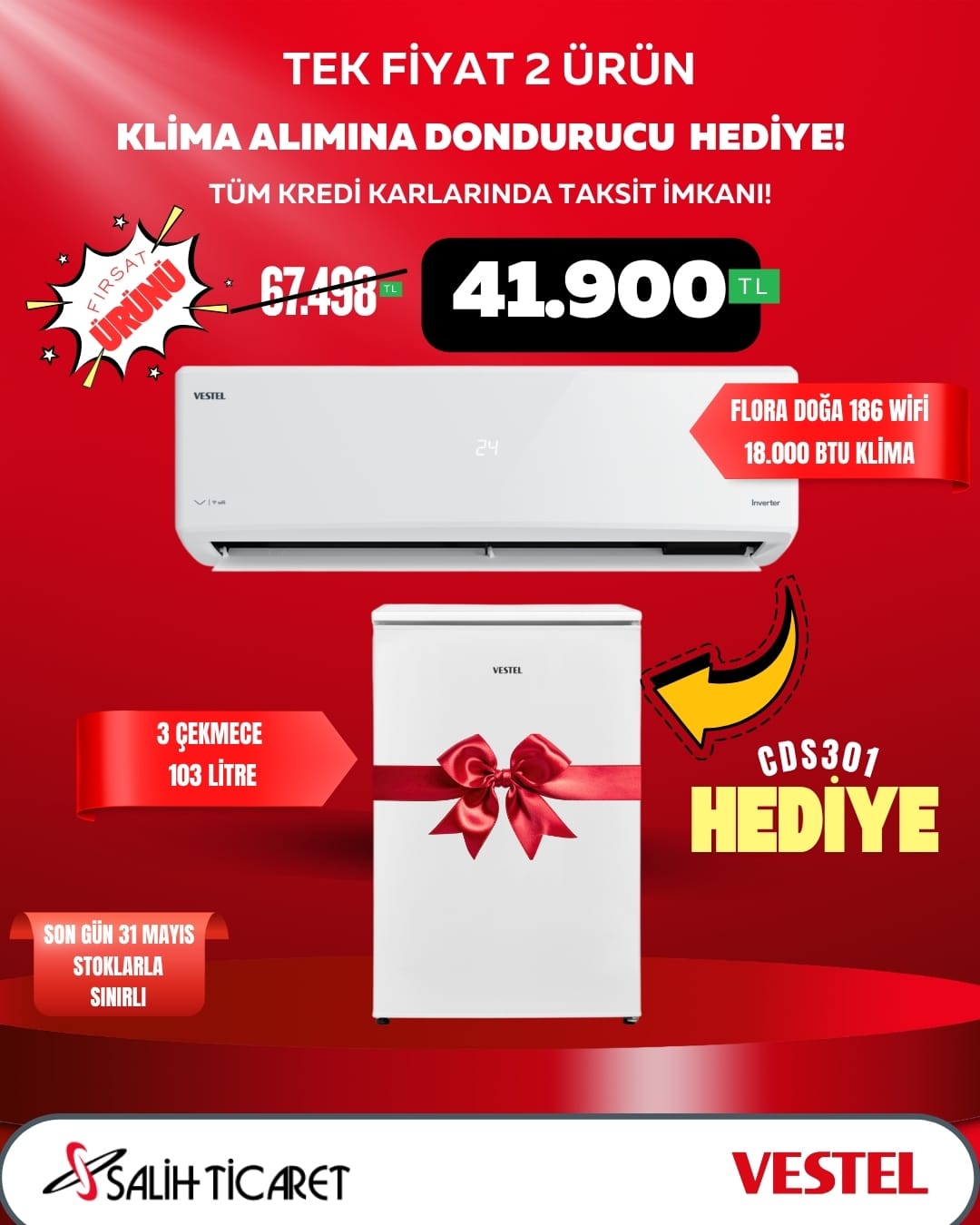 Vestel Flora Doğa 186 Wi-Fi 18.000 BTU Klima Alana CDS 301 Dondurucu Hediye!